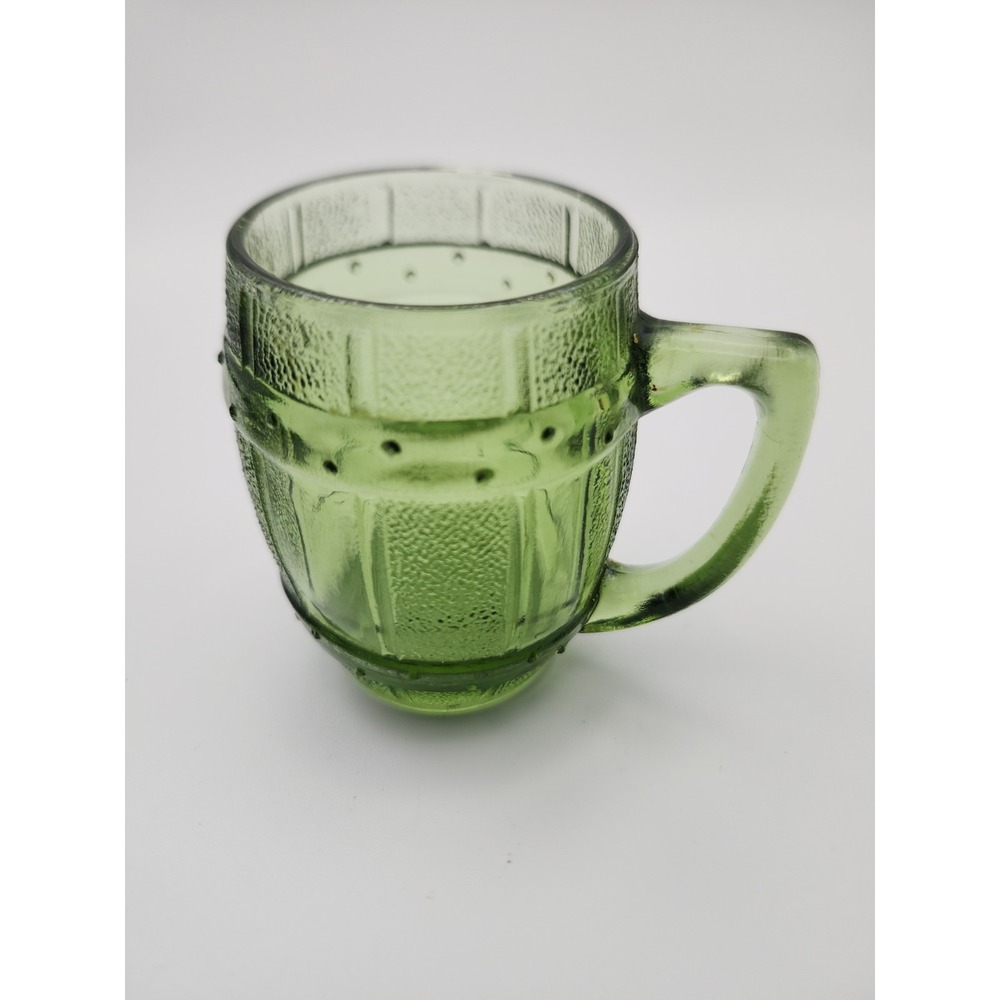 Vintage green glass mini whiskey barrel toothpick holder and shot glass 2.5"
